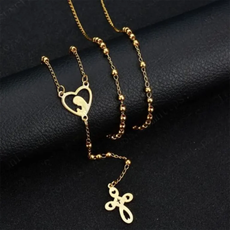 Gold rosary with Virgin Mary, cross charms