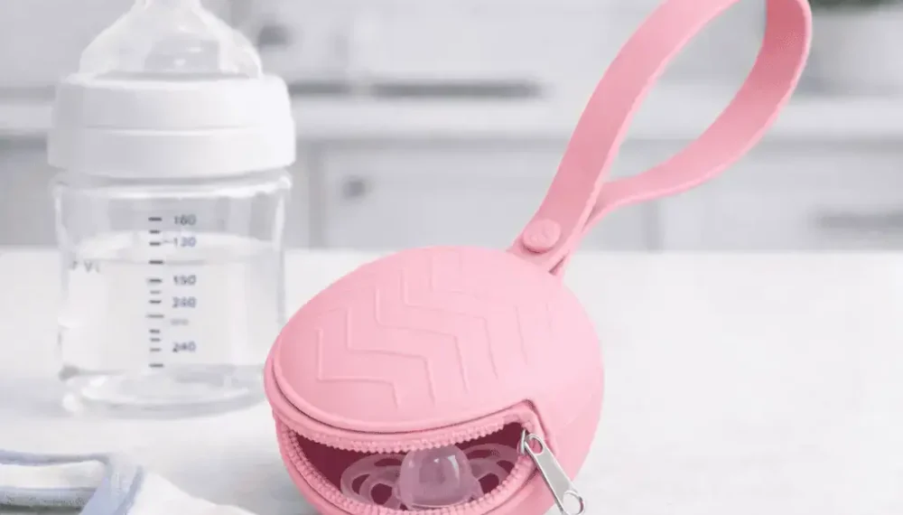 Silicone pacifier holder case with zipper and strap for baby stroller and diaper bag